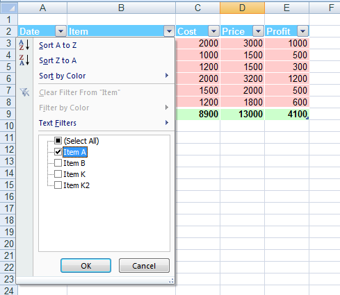 Excel Table filter