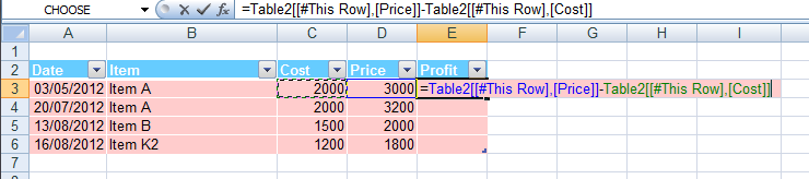 Excel Table formula